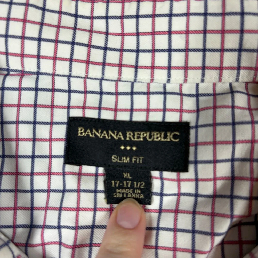 Banana Republic Mens XL Slim Fit Button Down Shirt‎ White Red Blue Check Plaid